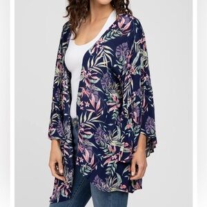 Umgee, Navy Tropical Floral Ruffle Hem Kimono, Size M/L | 1735